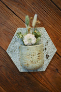 Medium hand-formed wall vase in Pebble, a speckled cream pocket on a pale hexagon back plate