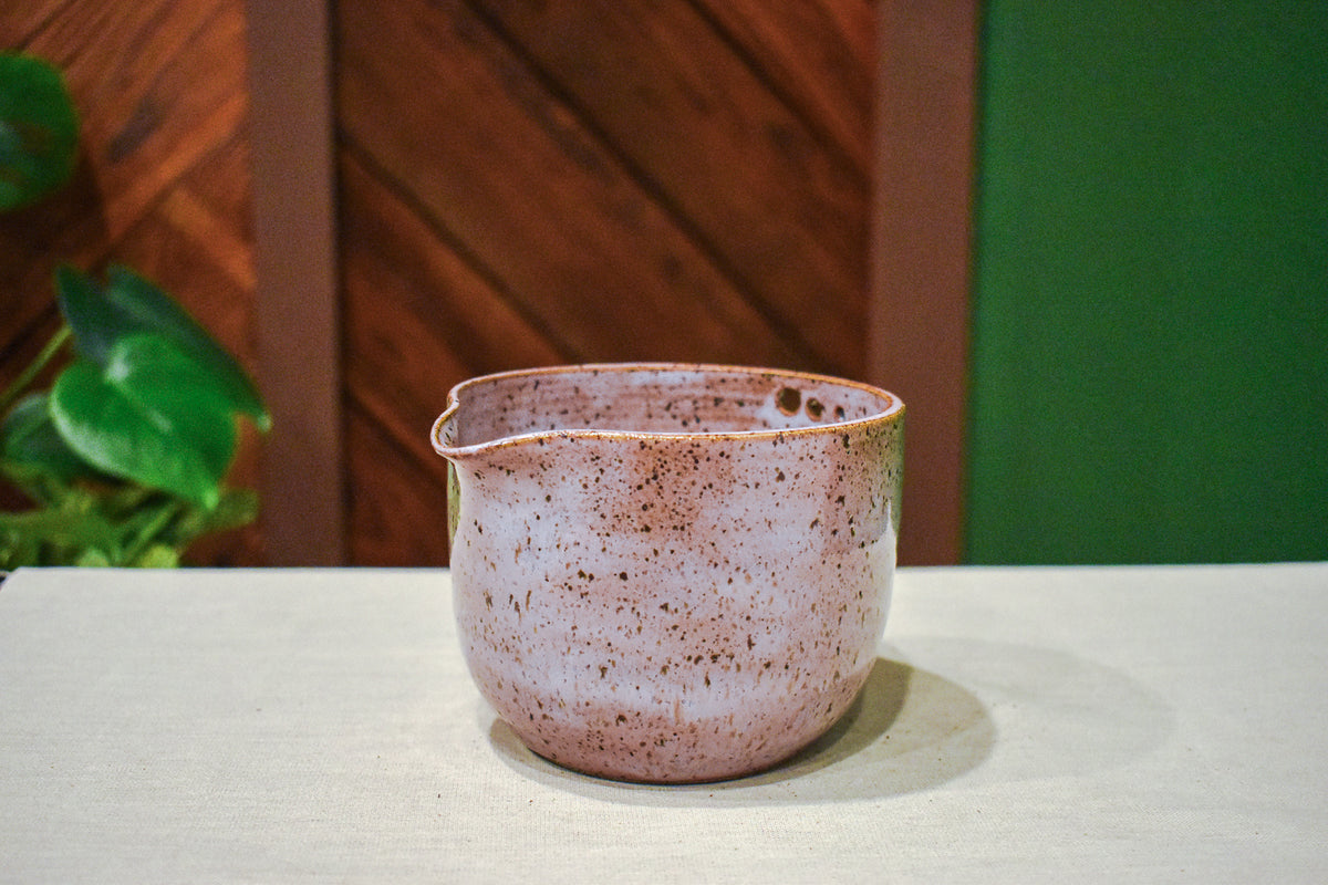 Hand-thrown prep bowl with garlic grater and pour spout in Lavender Sand, soft lavender with brown speckle