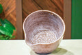 Hand-thrown prep bowl with garlic grater and pour spout in Lavender Sand, soft lavender with brown speckle