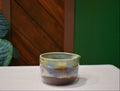 Hand-thrown prep bowl with garlic grater and pour spout in Dusk Meadow, sage over metallic copper and rust
