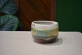 Hand-thrown prep bowl with garlic grater and pour spout in Far Hills, cream, sage and soft blue over deep brown