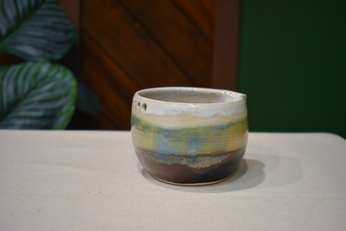 Hand-thrown prep bowl with garlic grater and pour spout in Far Hills, cream, sage and soft blue over deep brown