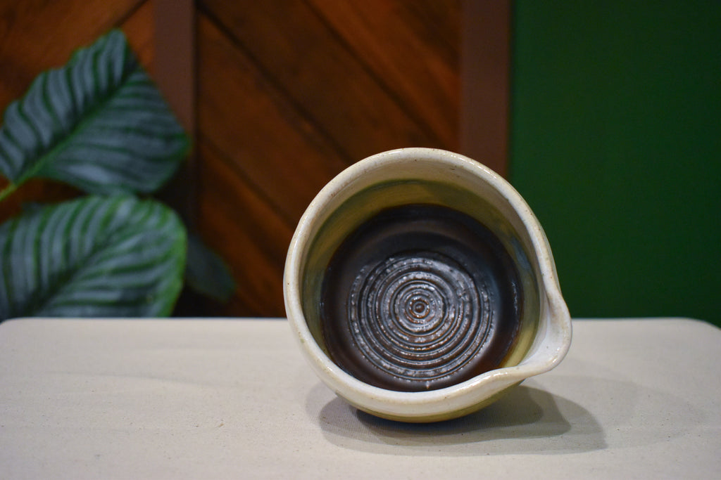 Hand-thrown prep bowl with garlic grater and pour spout in Far Hills, cream, sage and soft blue over deep brown