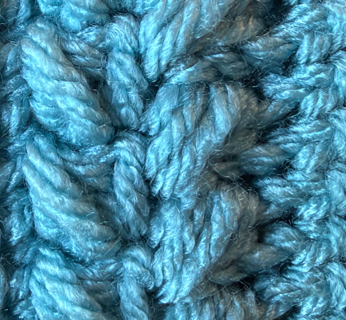 Close-up of crochet stitches in Sea Blue, a light blue