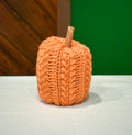 Tall hand-crocheted pumpkin in Desert Glaze, a soft light orange, with a cinnamon-stick stem